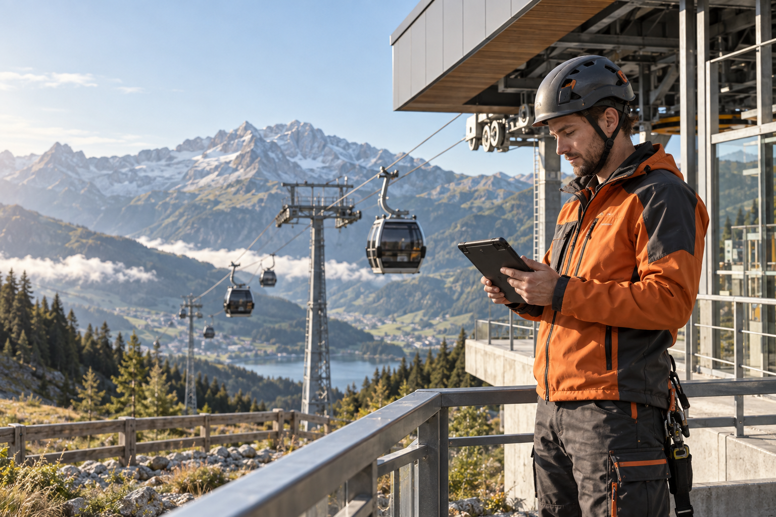 Illustrative campaign image: maintenance worker with a tablet at a mountain station